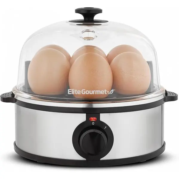 Elite Gourmet EGC724SS Egg Boiler Cooker, 7-Egg Poacher/Omelet Maker, Steel | Cooks soft, medium, or hard-boiled eggs, also scrambles - auto shut-off with buzzer - measuring cup included - BPA-free
