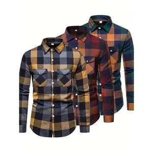 3pcs Men's Plaid Turn-down Collar Shirt, Outdoor Long Sleeve Casual Button Shirt
