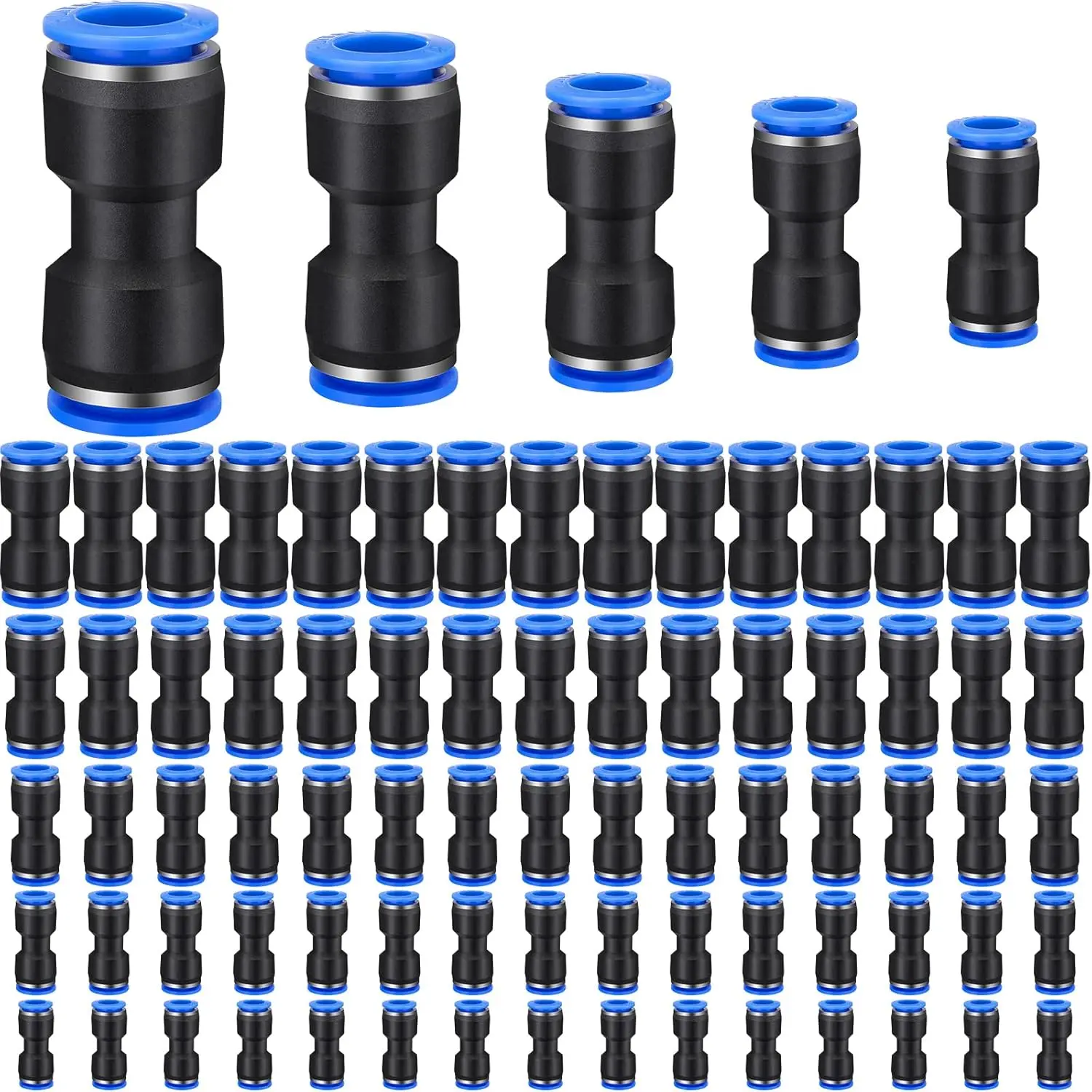100 Pcs Quick Connect Air Hose Fittings 1/8", 1/4", 5/16", 3/8", 1/2" Straight Push Metric Connectors Quick Release Plastic Pneumatic Air Line Fittings for Tube, Truck, Automotive, 2 Way