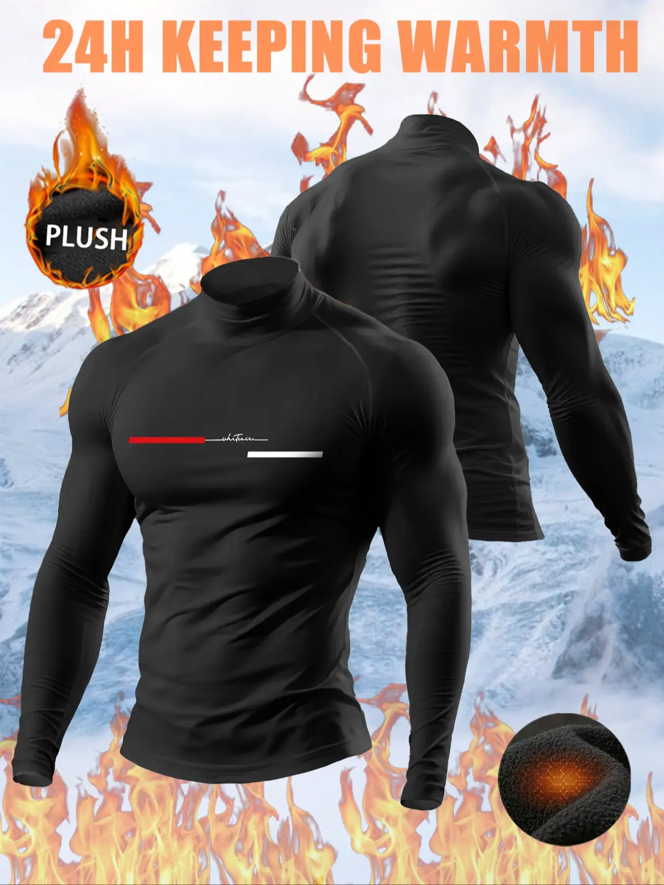 Men’s Black Fleece Lined Thermal Athletic Shirt, Long Sleeve High Neck Performance Training Top, Slim Fit Stretch Winter Sports Shirt with Minimal Graphic for Running, Hiking, Outdoor Training & Everyday Cold Weather Active Wear