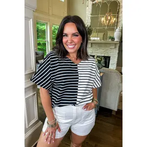 The Contrast Cut Black/White Striped Boxy Tee