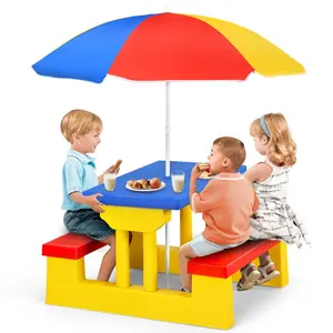 CIPACHO Kids Picnic Table and Bench with Folding Umbrella-Yellow, Small Table for Arts & Crafts, Snack Time, Homeschooling, Homework