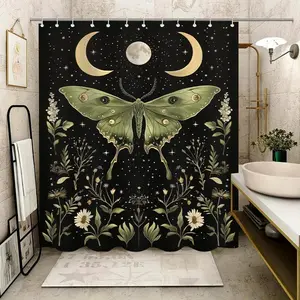 Butterfly & Moon Pattern Shower Curtain, Waterproof Shower Curtain with 12pcs Hooks, Bathroom Decoration Accessories for Home, Hotel, Apartment, Dorm, Spa, Bathroom Accessory