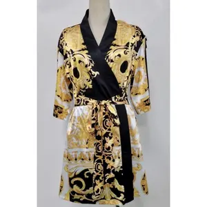Black, Yellow and White Baroque Women's Short Robe, Kimono Style with Pockets and attached belt- Womens Loungewear