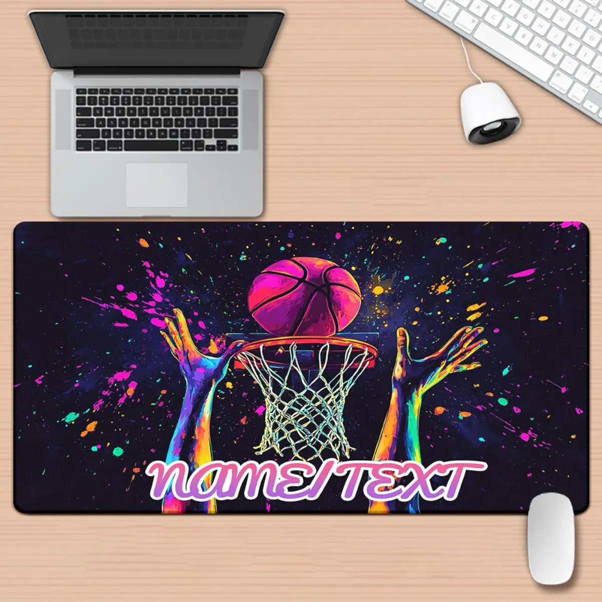 1pc Personalized Basketball Dunk Design Gaming Desk Mat - Custom Name/Text, XXL Large Mouse Pad with Non-Slip Base, Neon Splatter paint effect for PC, Computer, Office, eSports - Ideal Gamer Gift for Basketball Fans, Basketball Room Decor, Office Workspac