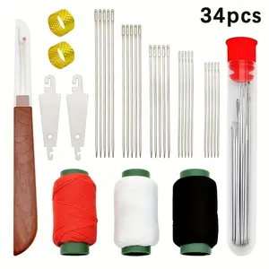 34pcs Large-Eye Sewing Kit Designed for Older Adults - Includes Easy-Thread Hand Needles with Threaders, Three Spools of Polyester Thread in Black, White, And Red