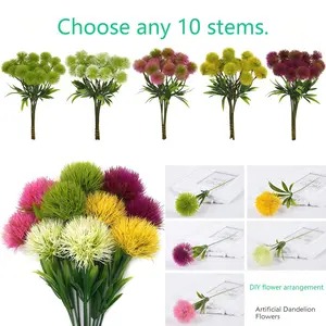 10Pcs Artificial Dandelion Flowers Realistic Pom Pom Ball Faux Flowers Colorful Fake Dandelion Stems No Fade Green Plants for Home Wedding Party Garden Vase Decor DIY Floral Arrangement Table Centerpiece Photo Props Office Decoration