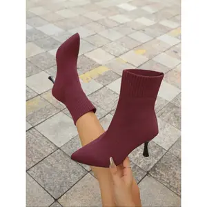 Women's Mid-Calf Boots, High Heel Knit Socks Shoes, Comfortable Winter Fashion Warm Design, Casual Style Above Ankle Booties