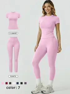 Two Piece Set Women New Crew Neck Short Sleeve Long Pants Sports Suit Solid Color Versatile Soft Comfortable Moisture Wicking High Elastic Waist Tummy Control Hip Lifting Yoga Set Gym Running Outfit Tight Breathable Sports Pants