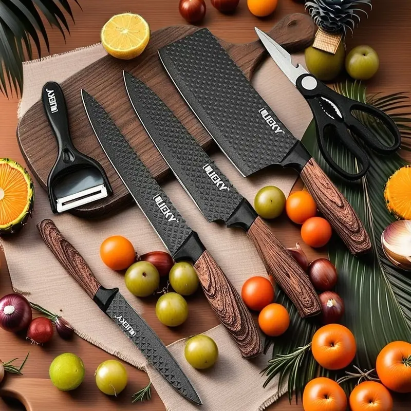 6 Piece Kitchen Knife Set, Chef Knife Set Sharp Meat Knives for Cooking, Non-Stick Stainless Steel, Ergonomic Design Wood Handle, Chef's Knife, Small Cleaver, Meat Cleaver, Paring Knife, Scissors Fathersdaygift Block