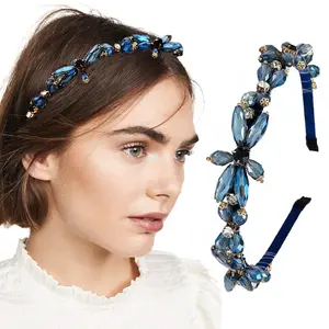 Thin Rhinestones Headband Blue  Hair Bands Sparkle Beaded  Bands for Women(Blue)