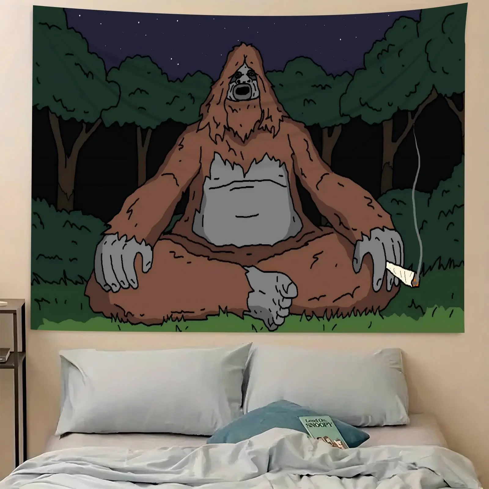 1pc Funny Bigfoot Smoking Tapestry, Sassy The Big Lez Show Character Wall Hanging, Trippy Cartoon Aesthetic Printed Tapestry, Premium Peach Skin Velvet Fabric, Lightweight& Soft Room Decor for Bedroom, Living Room, Dorm, Apartment, Home Wall Art,family