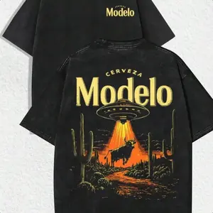 Vintage Distressed Modelo Cerveza UFO Bull Graphic T Shirt Retro Sci Fi Beer Print Washed Cotton Unisex Tee Urban Street Style Casual Everyday Top for Party Gathering and Holiday Gifting good