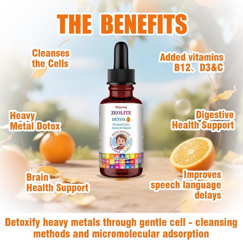 Zeolite for Kids&Adults Supports Cell Restoration,Natural Body Cleanse,Support Digestive Health,Immune System,Improves Focus,Vitamin B12, D3&C, Sugar-Free (60ml, Lemon)