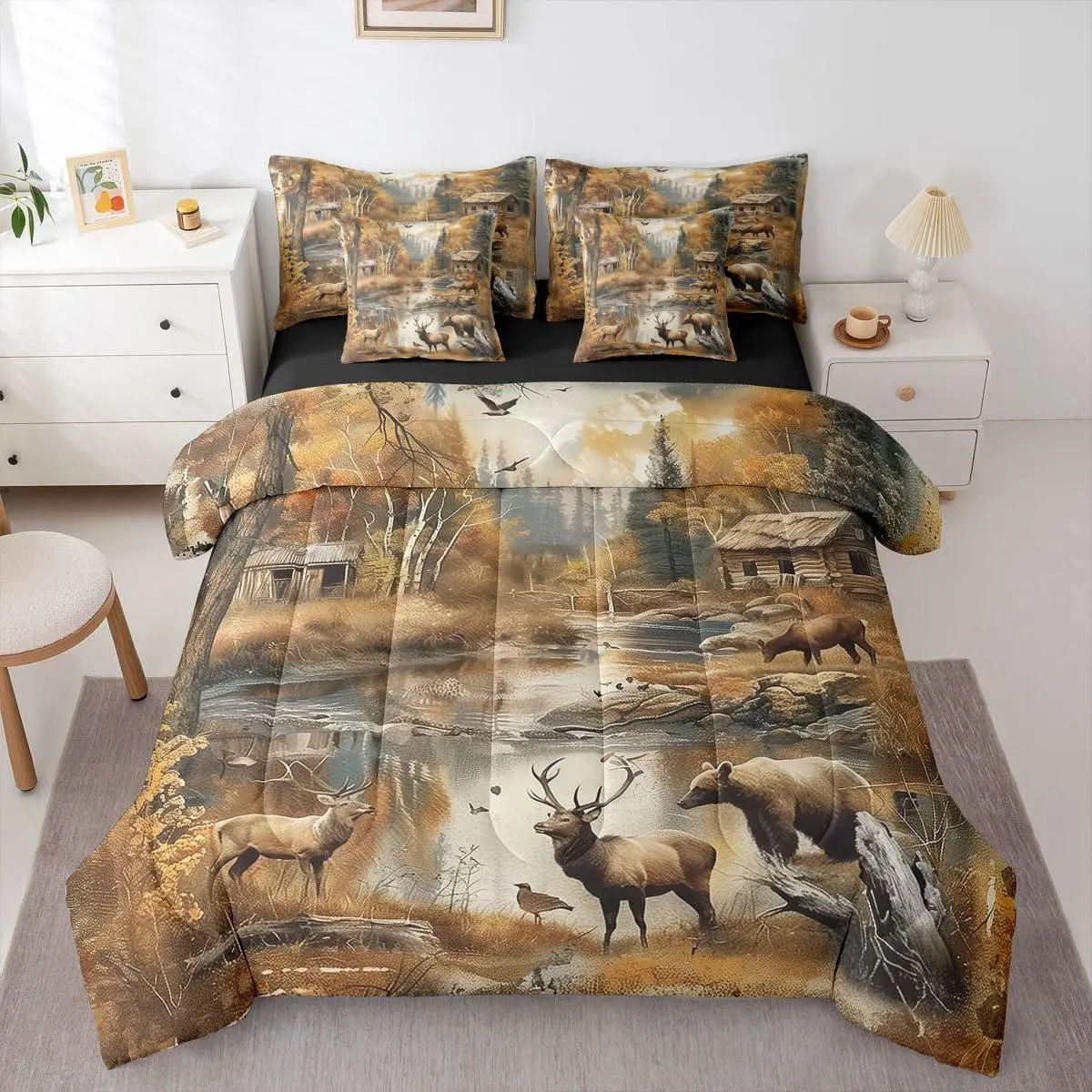 Bear 7 Piece Bedding Set,Reindeer Comforter Set with Sheets Deer River Log Cabin Antlers Birds Bed in a Bag Woodland Trees Landscape for Teens Men Women
