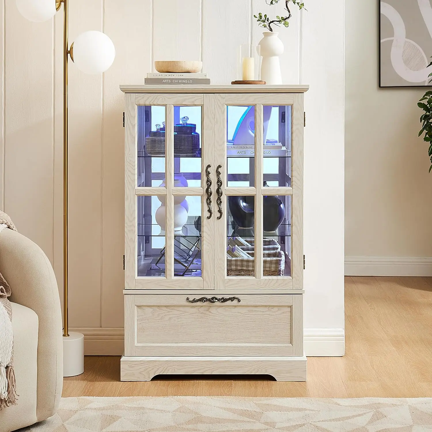 46.89''H Lighted Curio Cabinet with Flip-Top Drawer, Glass Display Case with Adjustable Shelves, Home Office Freestanding China Cabinet for for Liquor Storage and Medal, White