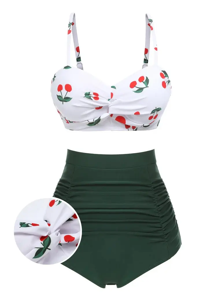 RETRO STAGE Women's Bathing Suit, Retro 1950s High Waisted Cherry Print 2-Piece Bikini Sets with Padded Cups and High Stretch Polyester Blend, Bathing Suit Women, Retro Look