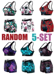 Random 5 Sets Women's Sports Bra and Briefs Set, Comfortable Breathable Elastic Gym Wear, Sportswear for Gym, Halloween Skull Print High Waist Shorts