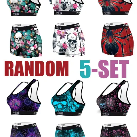 Random Women's 5 Sets Halloween Skull Print Sports Bra & High-Waist Shorts Set, Breathable Elastic Activewear for Gym, Workout & Running, Fitness Shorts Set