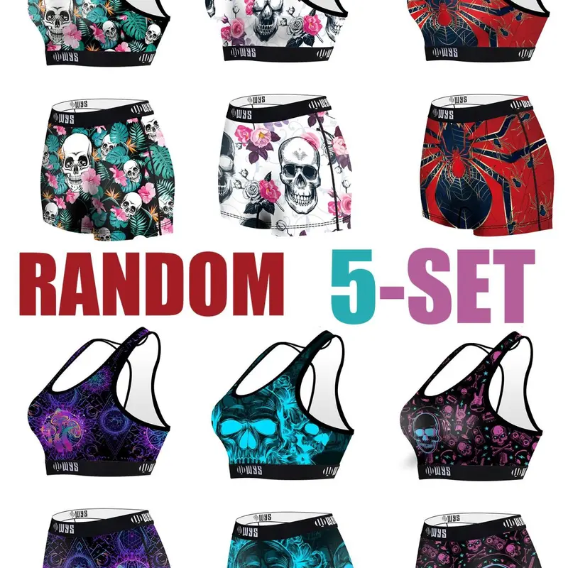 Random Women's 5 Sets Halloween Skull Print Sports Bra & High-Waist Shorts Set, Breathable Elastic Activewear for Gym, Workout & Running, Fitness Shorts Set