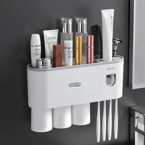 Creative Toothbrush Holder No Drilling Mouthwash Toothbrush Cup Wall-mounted Bathroom Storage Automatic Toothpaste Dispenser Bathroom Accessory