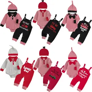 Babamoon Toddler Baby Boys My First Valentine's Day Outfits Set Long Sleeve Striped Romper Tops with Letters Print Overall Pants and Hat Valentines Day Outfits Set