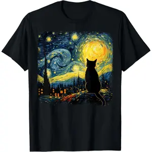 Cat Starry Night Van Gogh Cat T-Shirt for Cat Lovers Mom Dad Soft Cotton Polyester Casual Tee