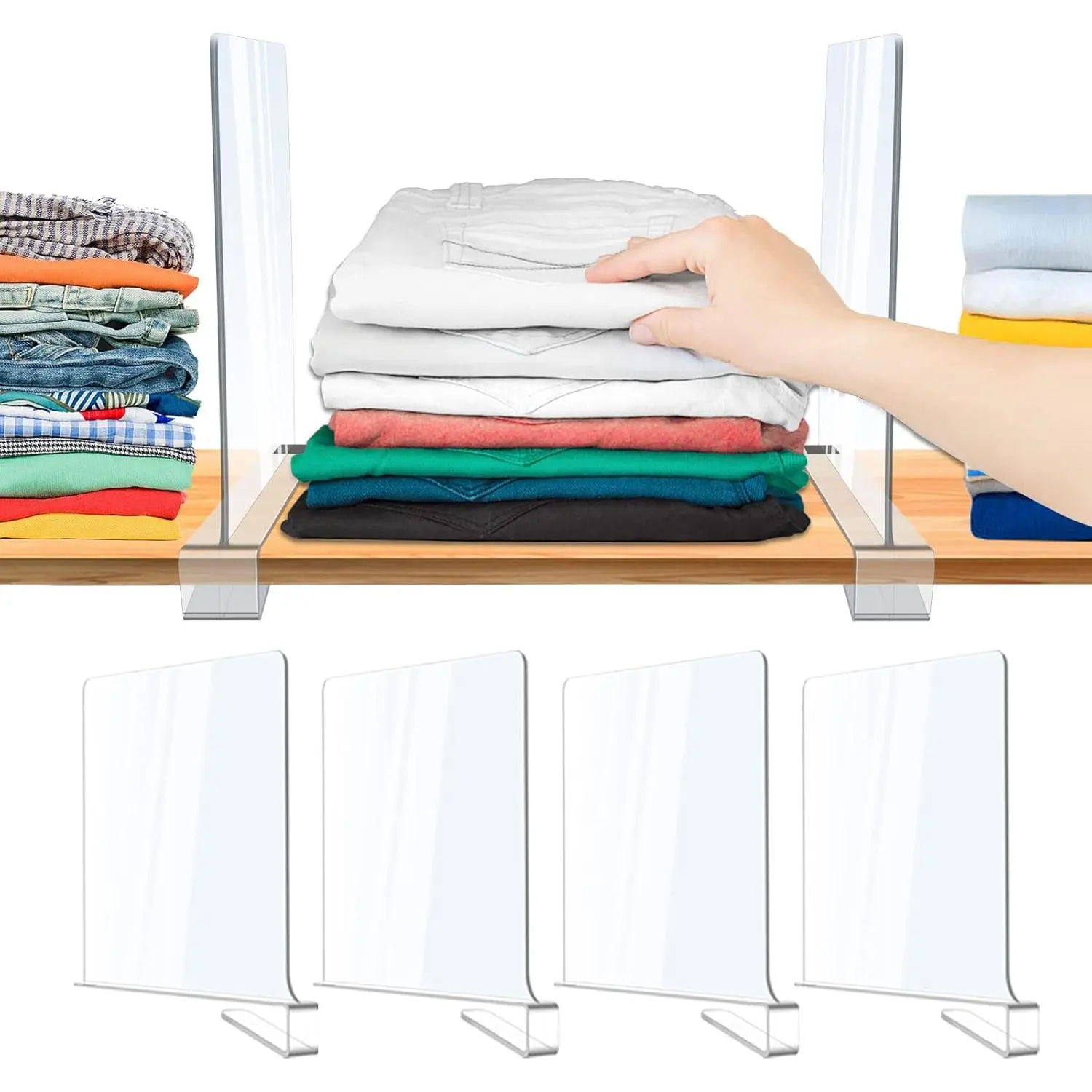Shelf Dividers, Clear Shelf Divider for Closet Organization, Closet Shelf Separators for Sweater/Handbag,  Shelves Organizers in Bedroom, Kitchen, Office, Cabinets, Bathroom Storage (4PCS)