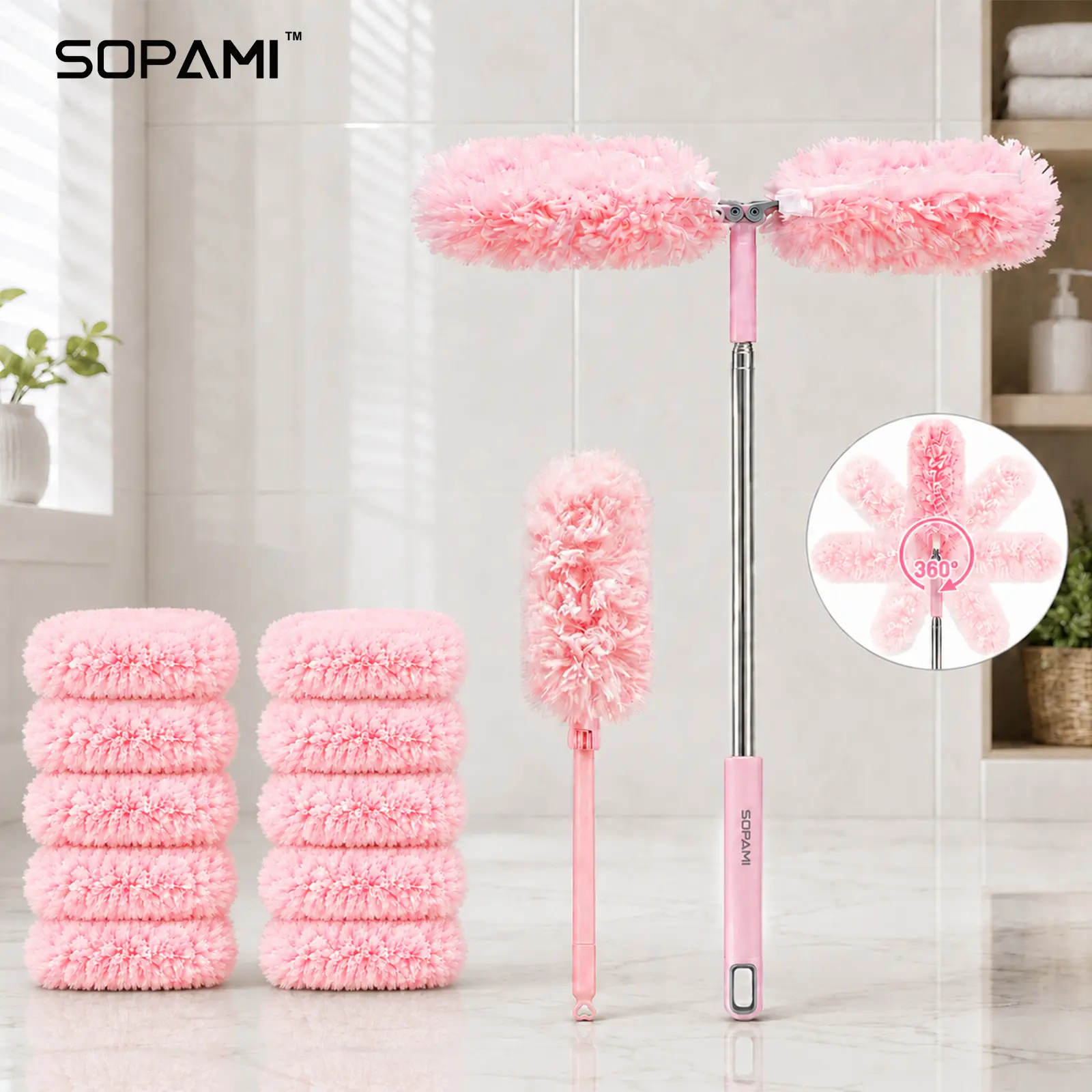 SOPAMI Extendable Telescopic Microfiber Duster, 360° Bendable Single & Double Heads Dust Remover, Washable Duster for Ceiling Fan, Shelves & High Corners