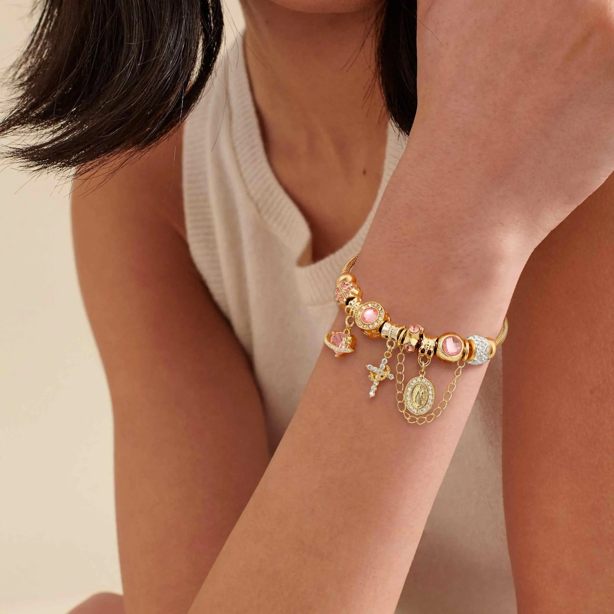 KOPERIN Women's Gold-Silver Aurora Multi-Element Snake Chain Bracelet - 8.3” + 2” Ext., 2-Tone Dainty Detachable Charm Bracelet, DIY Charm Mix, Daily Wear Jewelry Gift for Mother's Day, Snake Bangle