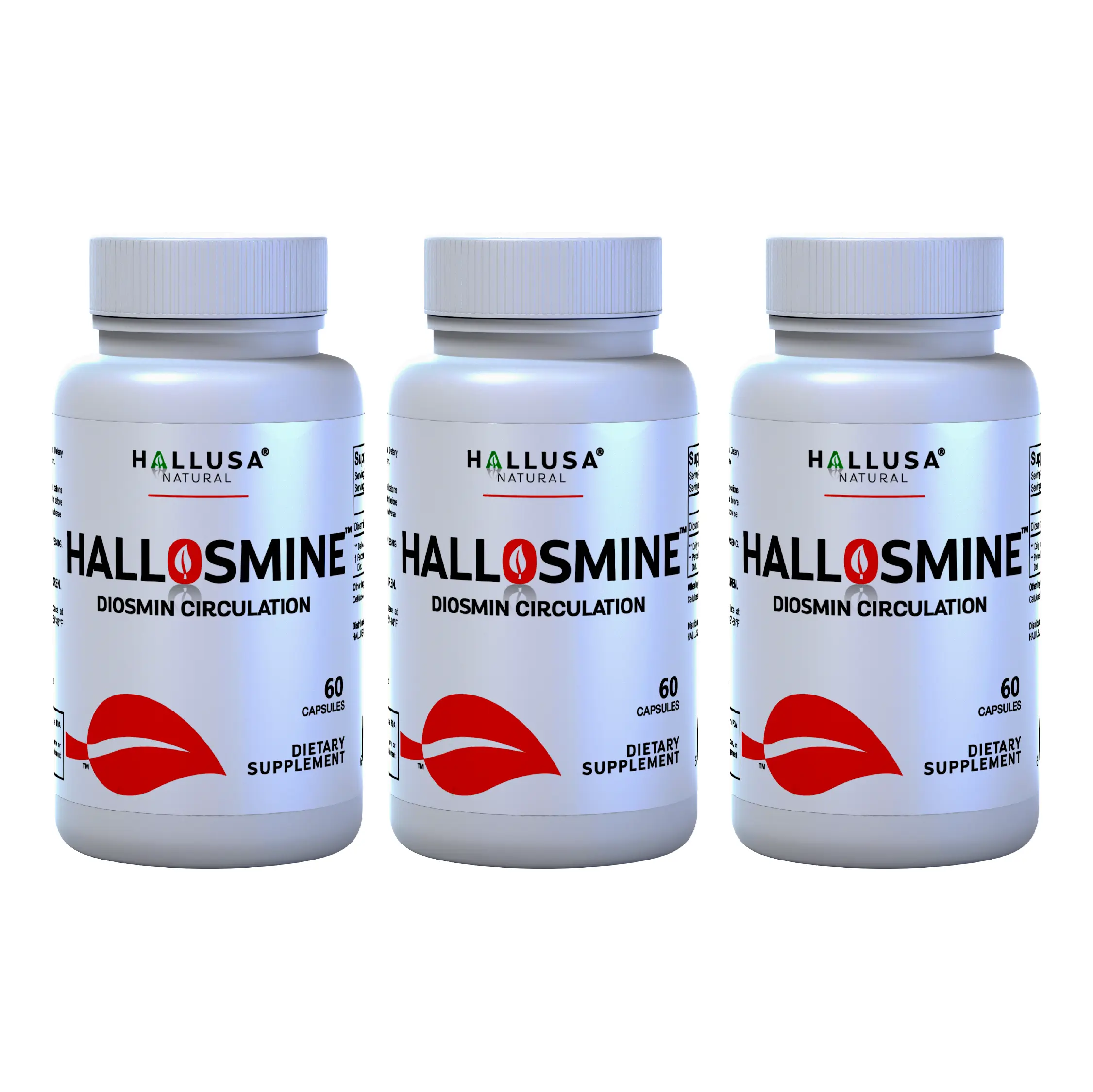 Hallusa Natural Hallosmine Daily Dietary Supplement Capsules - 3 Bottles (60 Caps Each, 180 Total) - 300mg Diosmin - Circulation, Blood Flow, Leg Swelling, Varicose Veins Support