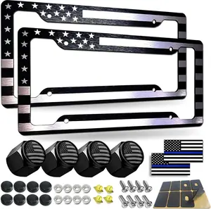 Black American Flag License Plate Frame (2-Pack) | Thin Blue Line Aluminum Frame + Screw Caps | Rustproof Patriotic Car Tag Holder