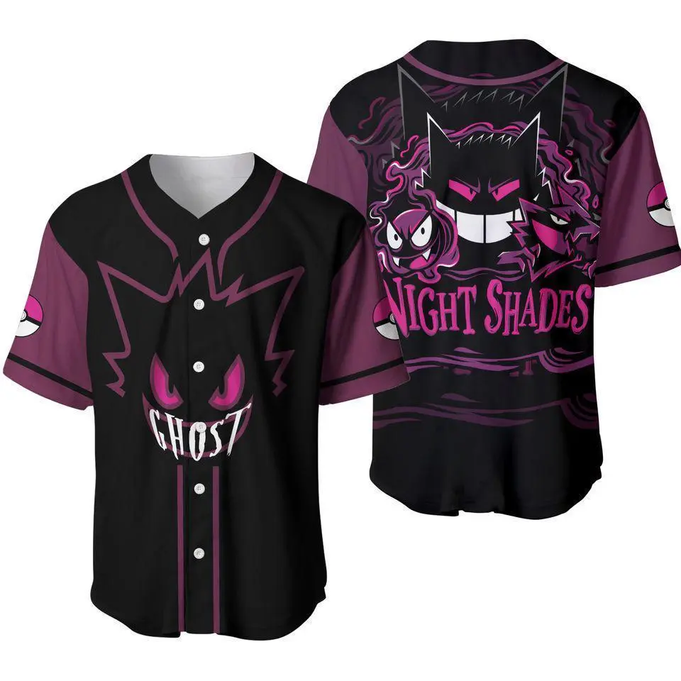 Jersey for Men and Women, Full Print Vintage Gengar Baseball Jersey Shirt, Retro Cute Gengar Anime Baseball Jersey Shirt, Print Baseball Jersey, Baseball Jersey Style