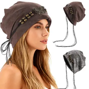 AWAYTR Women's Y2K Slouchy Beanie Retro Turban Hat with Metal Butterfly Charms Vintage Soft Skull Cap for Streetwear