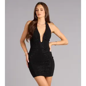 Beatriz Plunge Halter Rhinestone Mini Dress