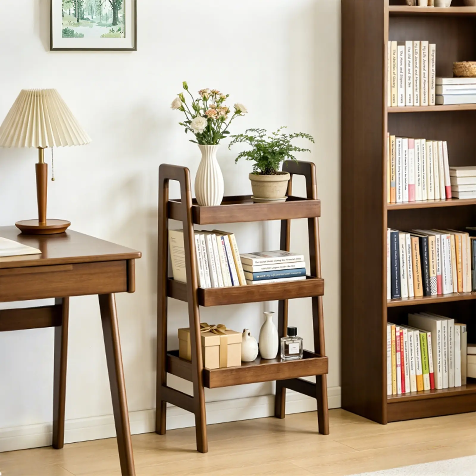 3 Tier Small Ladder Bookshelf, Freestanding Ladder Shelf with Open Storage,Side Table for Living Room, Bedroom, Study, Home Office, Saving Space, Walnut