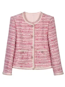 Women's Contrast Sequin Button Front Jacket, Elegant Long Sleeve Round Neck Pocket Jacket for Spring & Fall, Ladies Clothes for Daily Wear