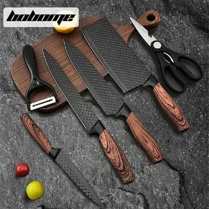 6 Piece Kitchen Knife Set - Chef Knife Set with Non-Stick Stainless Steel and Ergonomic Wood Handle - Kitchen Knives, Block Knife Block Wooden