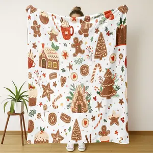 Soft Comfortable Gingerbread Man Christmas Party Print Flannel Blanket, Perfect for Travel Sofa Bed Office, Ideal Gift for All Seasons