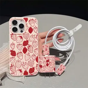 Strawberry Pattern Phone Case with Charger Head Cover & Cable Protector & Storage Rope, Anti-drop Cellphone Protective Case, Total Protective Shockproof Mobile Phone Cover for iPhone, Casing