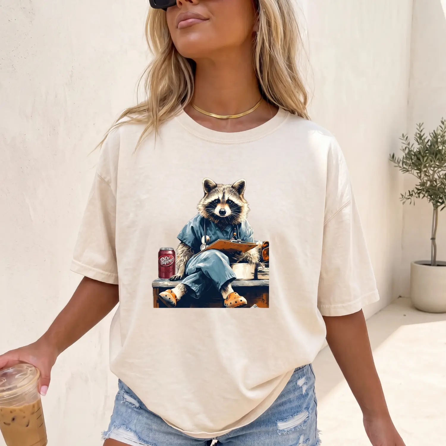 Women's Cotton Casual Short-Sleeve Apparel - Funny Nurse Raccoon Graphic Tee, Cute Dr Pepper Drinking Vintage Animal Fit T-Shirt