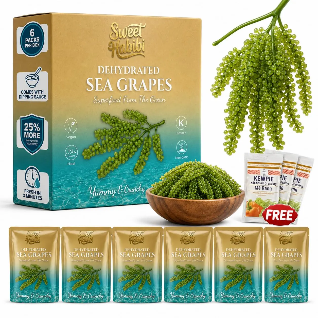 Sweet Habibi Organic Dehydrated Sea Grapes with Dipping Sauce 6 Pack 5.29 oz Green Caviar Umibudo Seaweed Snack Halal Vegan Gluten Free Keto Friendly Low Calorie for Salads Sushi Rice Bowls Ready to Enjoy