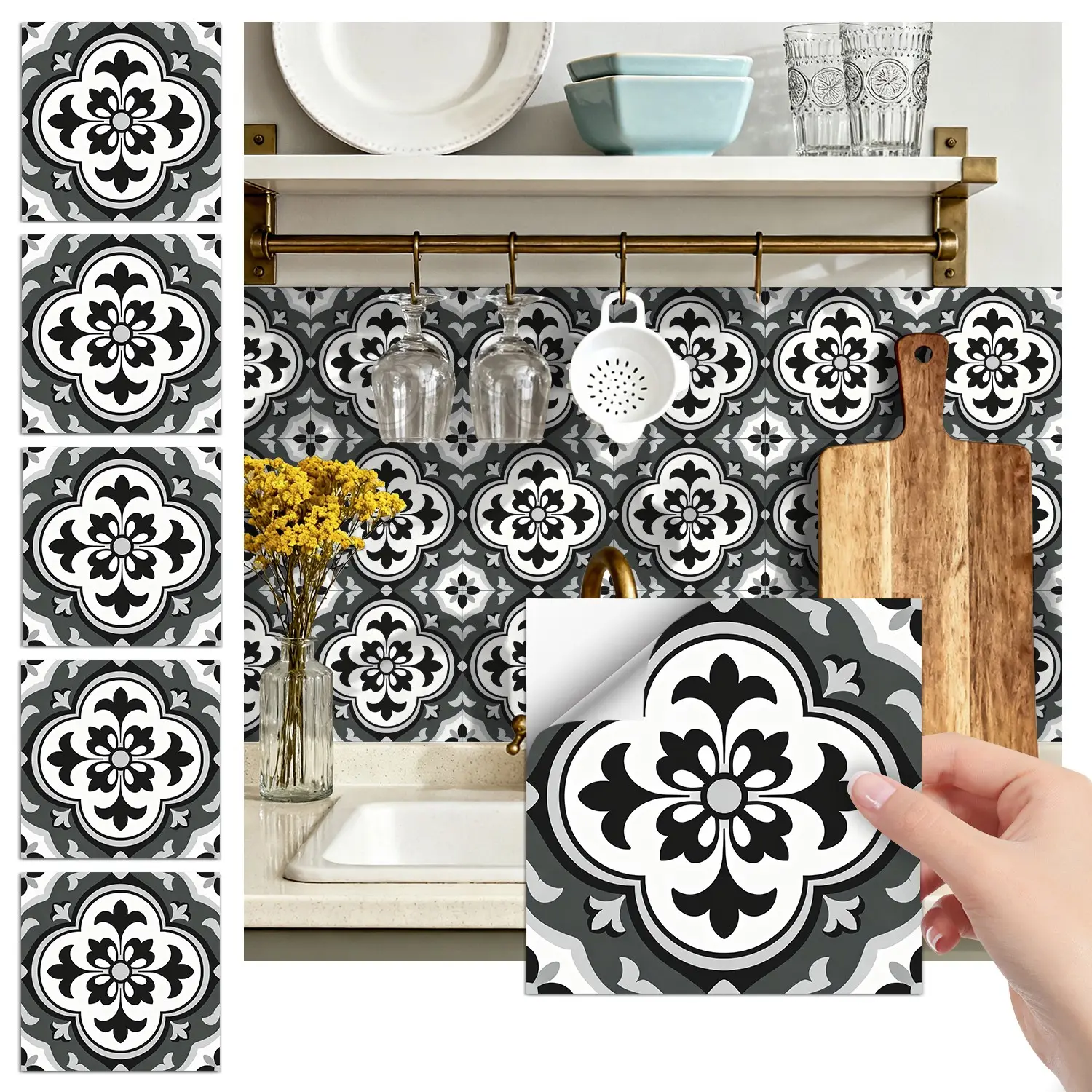 24PCS FHZ Gray-Black-White Carved Floral Geometric Retro Tile Stickers | PET Matte Peel & Stick Backsplash | Waterproof Oil-Proof Decor for Home & Office Decorative Wall Sticker