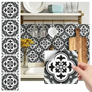 24PCS FHZ Gray-Black-White Carved Floral Geometric Retro Tile Stickers | PET Matte Peel & Stick Backsplash | Waterproof Oil-Proof Decor for Home & Office