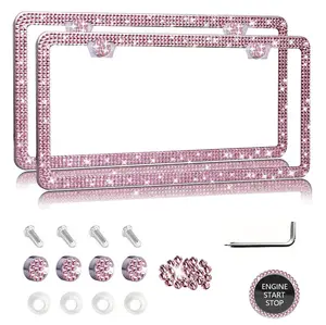 2Pcs Pink Bling Rhinestone License Plate Frame and Engine Start Button Set Full Diamond Sparkle Metal Kit with Screws Auto Exterior Interior Decor Universal for US Car SUV Daily Driving
