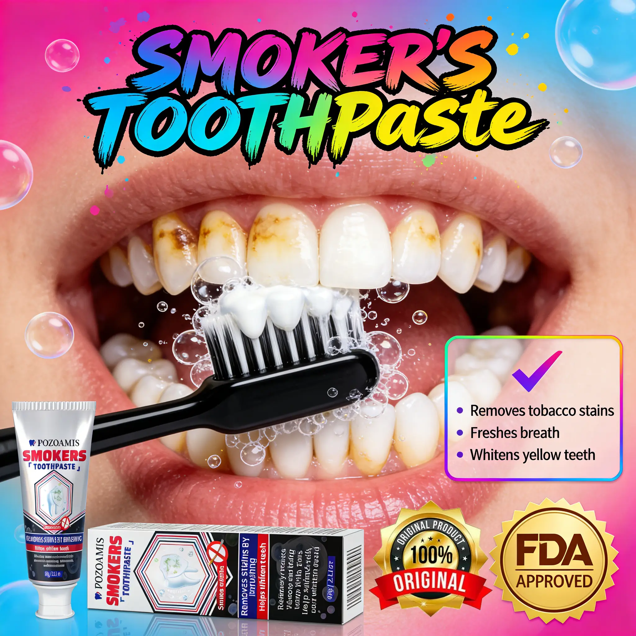 Smokers' Multi-Stain Removal Toothpaste, Professional Whitening for Yellow Teeth & Coffee Marks, Advanced Fresh Breath, Enamel Protection, Plaque Removal, Daily Dental Guard, Oral Antibacterial, Coconut Foam Repair Scent, Single Item