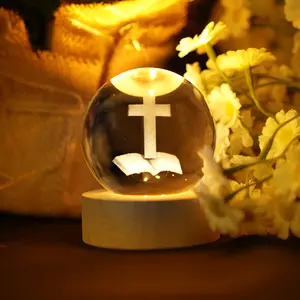 Bible Cross Jesus Crystal Ball Statue – Wooden Base, Glow-in-the-Dark Religious Glass Sphere, Home Decor Gift Figurine Light