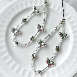 Y2K Fashion Phone Charm Strap, Cute Phone Charm, Kpop keychain, Trendy Silver Heart phone lanyard, gift for her