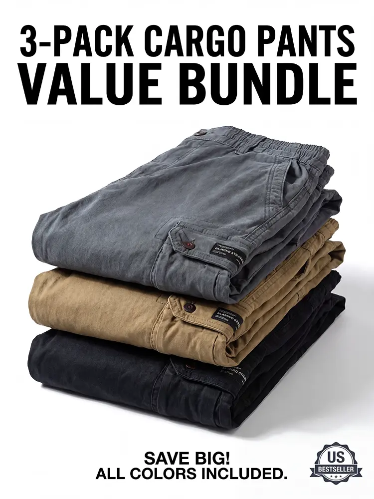 Men's Comfy Pocket Cargo Pants 3-Pack (Gray + Khaki + Black) - Mid-Waist Cotton, Loose Fit Pockets, Tactical Pants Menswear for Outdoor Hiking, Casual Bottoms