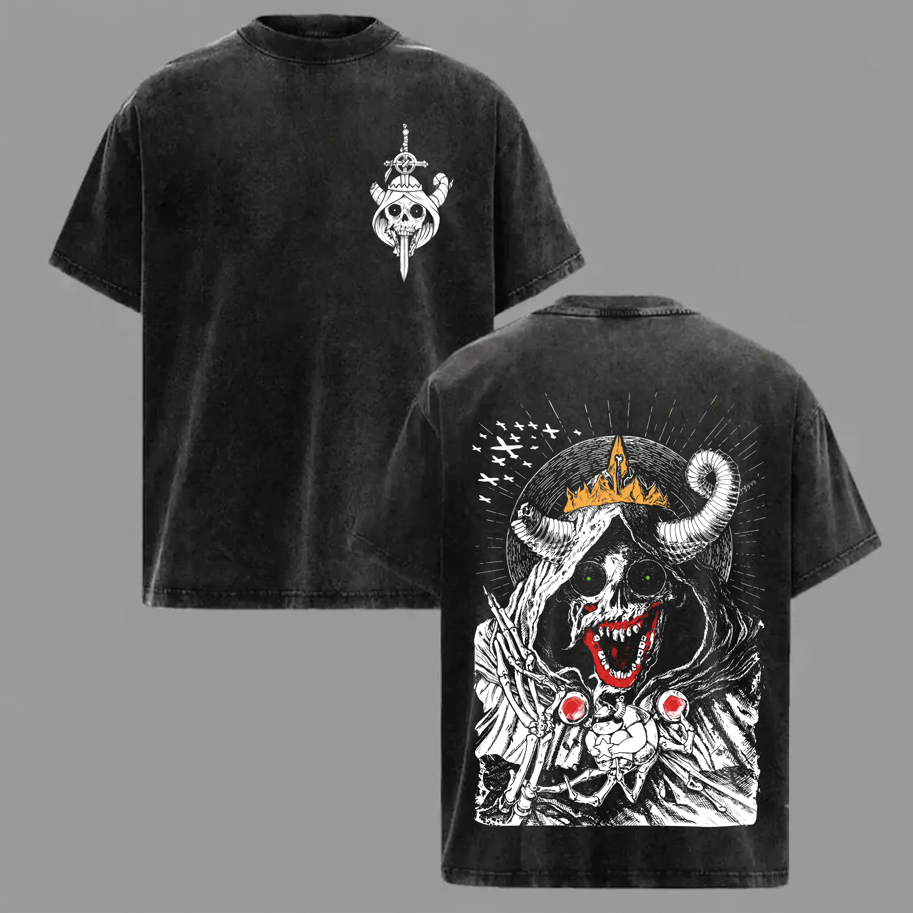 The Lich Adventure Time Shirt Vintage Washed Heavyweight Cotton Oversized Graphic Tee for Men Women Dark Fantasy Retro Grunge Cartoon Apparel Skull Demon King Gothic Emo Alt Streetwear Y2K Animation Merch Trending TikTok Top Gifts Casual Wear